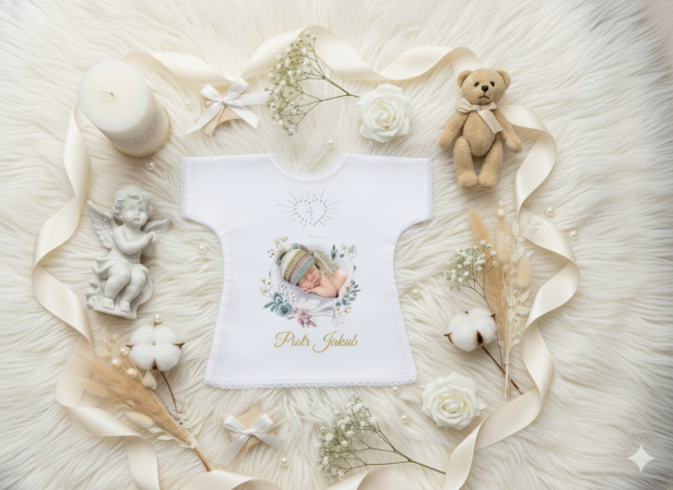 aranżacja Szatka na Chrzest LITTLE ANGEL ze zdjęciem – personalizowana pamiątka Chrztu Świętego