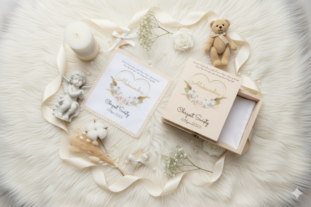 aranżacja Szatka KRZYŻMO z nadrukiem BOHO – personalizowana pamiątka Chrztu Świętego