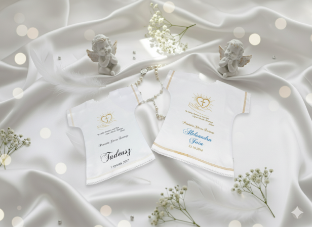 aranżacja Szatka na Chrzest PURE HAND – koszulka z haftem serca na dłoni i nadrukiem