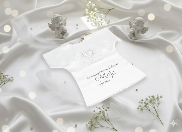 BIAŁY - Szatka na Chrzest PURE HEART z dżetami – personalizowana koszulka Chrztu Świętego