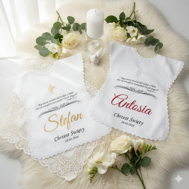 aranżacja Szatka na Chrzest KRZYŻ PAPIESKI – atłasowa koszulka z haftem i cytatem z Psalmu 91,11