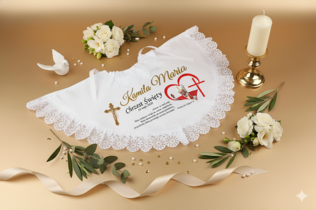 aranżacja Szatka na Chrzest – Linia PURE z imieniem i motywem Jan Paweł II