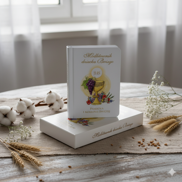 aranżacja Modlitewnik Dziecka Bożego z grawerem – biała książeczka komunijna w etui