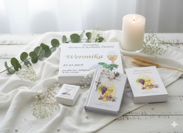 aranżacja Zestaw komunijny BIEL – książeczka i różaniec w pudełeczku z imieniem