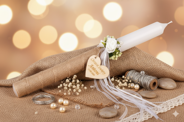 Świeca imienna do Chrztu – model PREMIUM PURE Light z serduszkiem