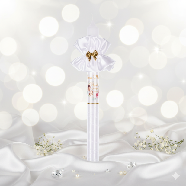 aranżacja Imienna świeca na Chrzest – gromnica z atłasową osłonką | Pamiątka Chrztu