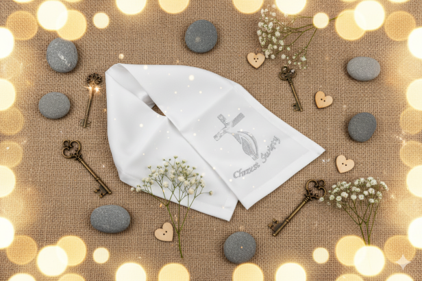 haft SREBRNY - Szal do Chrztu Świętego z haftem „Krzyż Nowoczesny” – Linia SIGNUM