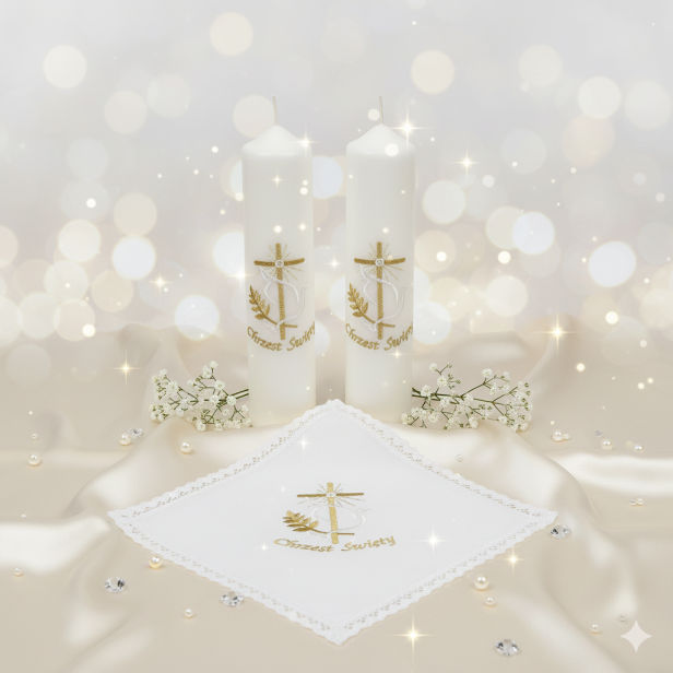 aranżacja Chusta do Chrztu Świętego z haftem „Krzyż Elegancki” – Linia SIGNUM