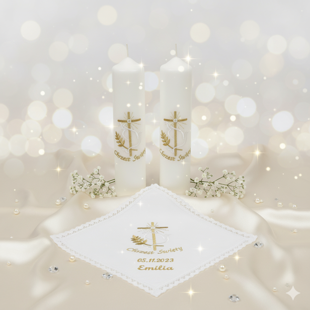 haft komputerowy personalizacj Chusta do Chrztu Świętego z haftem „Krzyż Elegancki” – Linia SIGNUM  w aranżacji