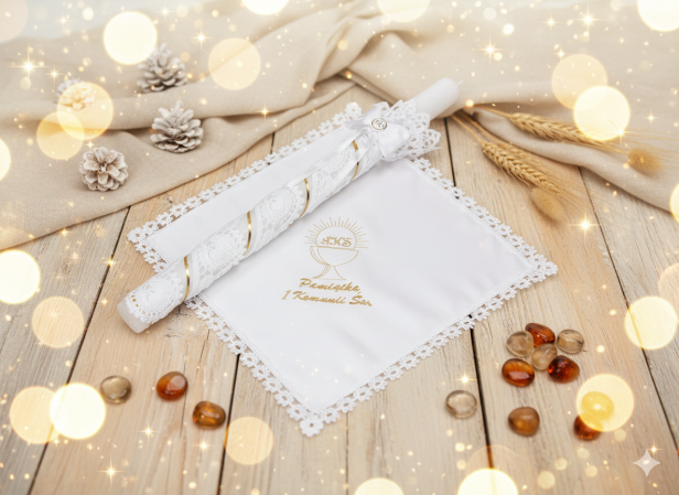 Zestaw z koronką koniakowską – IHS – złoty – Linia KONIAKÓW