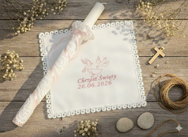 Zestaw do Chrztu z koronką koniakowską – różowy – Linia KONIAKÓW