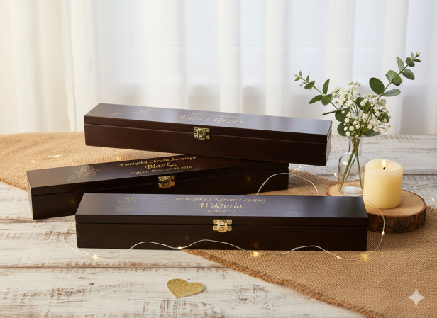 aranżacja Pudełko drewniane WENGE z grawerem – Pamiątka sakramentu