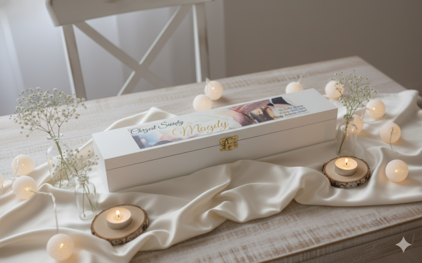 aranżacja Pudełko drewniane BIAŁE z motywem „Chrzest” – Pamiątka Chrztu Świętego