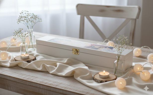 w aranżacji Pudełko drewniane BIAŁE z motywem „Chrzest” – Pamiątka Chrztu Świętego