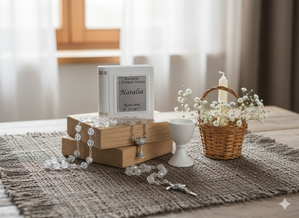 aranżacja Różaniec z białych kryształków IHS – pudełko z grawerem | Linia CRYSTAL IHS