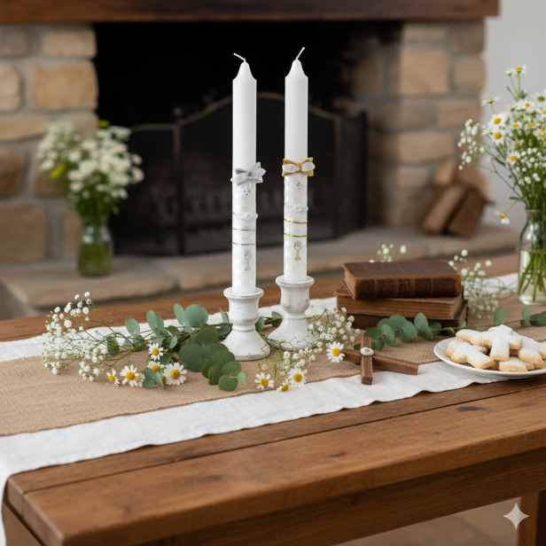 aranżacja  Świeca do Komunii PRECIOSA® KRYSZTAŁKI – Blask Wiary i Sakramentalnego Światła