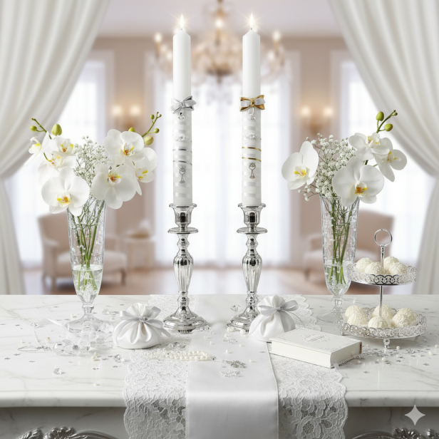 aranżacja glamour  Świeca do Komunii PRECIOSA® KRYSZTAŁKI – Blask Wiary i Sakramentalnego Światła