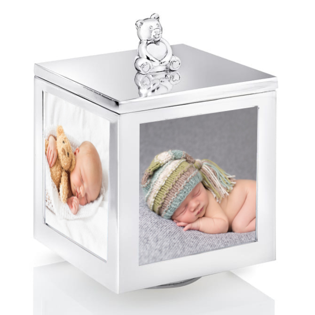 Srebrna pozytywka–karuzela z 4 ramkami | Obrotowa szkatułka pamiątkowa z personalizacją