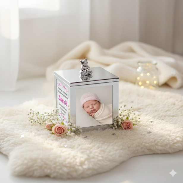aranżacja - różowa personalizacja - Srebrna pozytywka–karuzela z 4 ramkami | Obrotowa szkatułka pamiątkowa z personalizacją