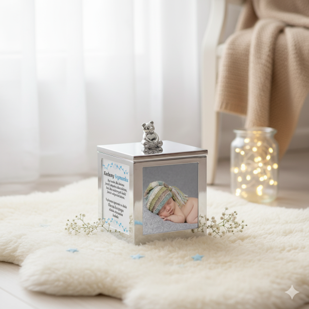 aranżacja - niebieska personalizacja - Srebrna pozytywka–karuzela z 4 ramkami | Obrotowa szkatułka pamiątkowa z personalizacją