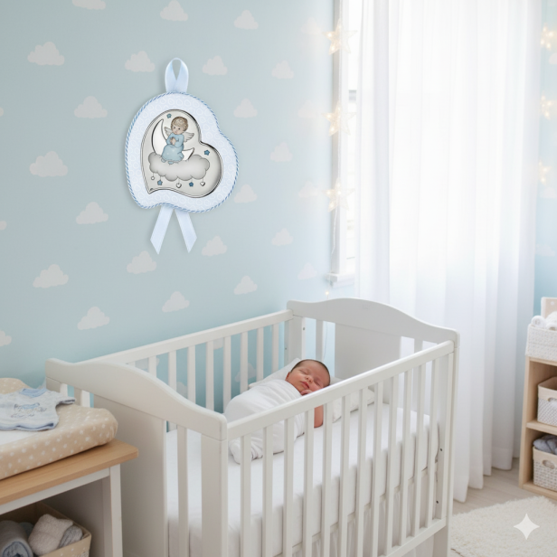 w pokoju dziecięcym Obrazek srebrny POZYTYWKA Aniołek na chmurce 10x12 | Linia DONO® – Pamiątka Chrztu i Narodzin