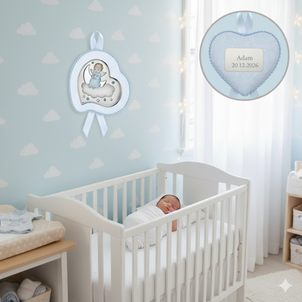 opcja personalizacji Obrazek srebrny POZYTYWKA Aniołek na chmurce 10x12 | Linia DONO® – Pamiątka Chrztu i Narodzin