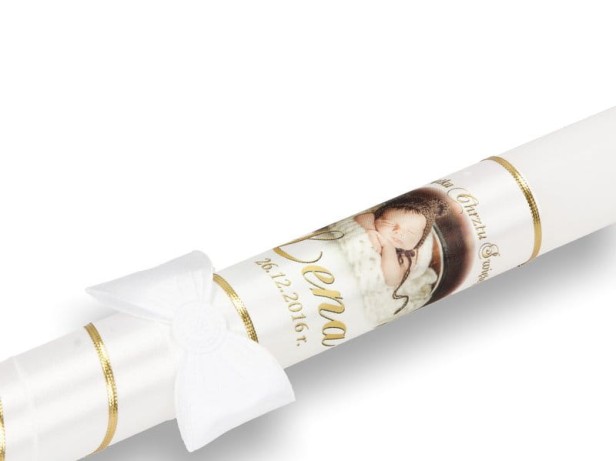 złote zdobienie Świeca na Chrzest ze zdjęciem dziecka – Pamiątka Chrztu Świętego