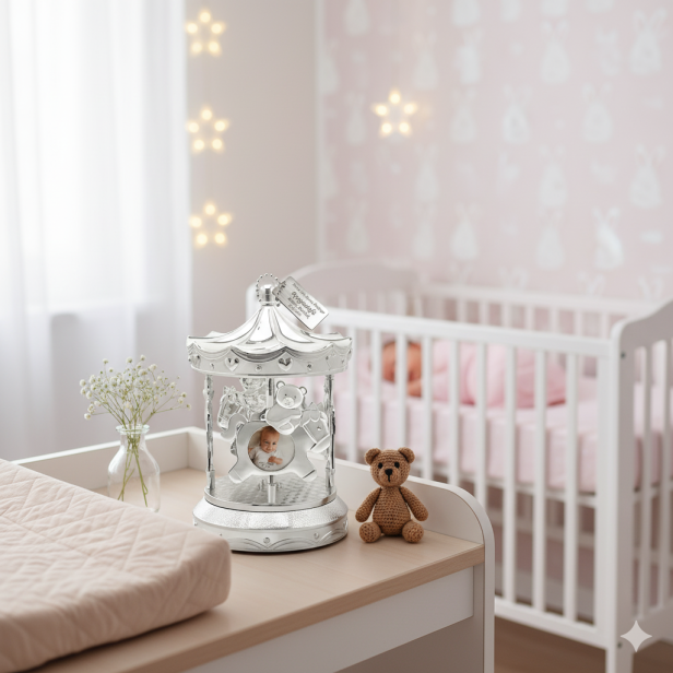 pokój dziecięcy  Karuzela pozytywka z ramkami na zdjęcia | Linia BELTRAMI GIOIELLI™ – Pamiątka dzieciństwa i Chrztu