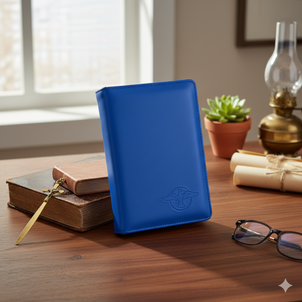 Biblia Paulistów z kolorową wkładką i atlasem biblijnym. Etui skórkowe na suwak zdjęcie w aranżacji biblii w kolorze niebieskim w aranżacji