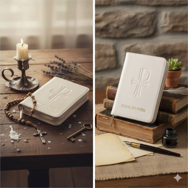 ecru czarne Etui skórzane do modlitewnika Droga do Nieba