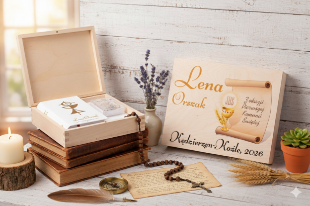 IHS BOX – Zestaw komunijny w drewnianym pudełku z różańcem i skarbczykiem