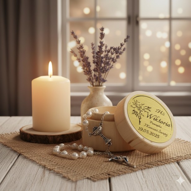 Różaniec perłowy z drewnianym pudełkiem z grawerem – Pamiątka I Komunii Świętej w aranżacji