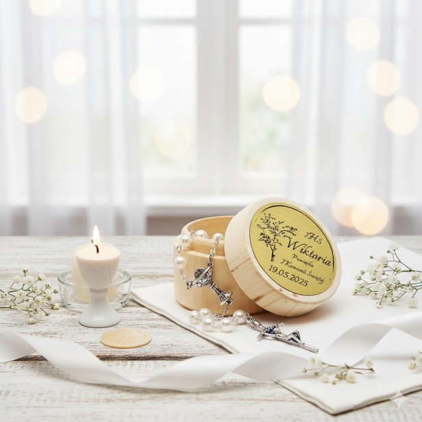 Różaniec perłowy z drewnianym pudełkiem z grawerem – Pamiątka I Komunii Świętej w aranżacji komunijnej