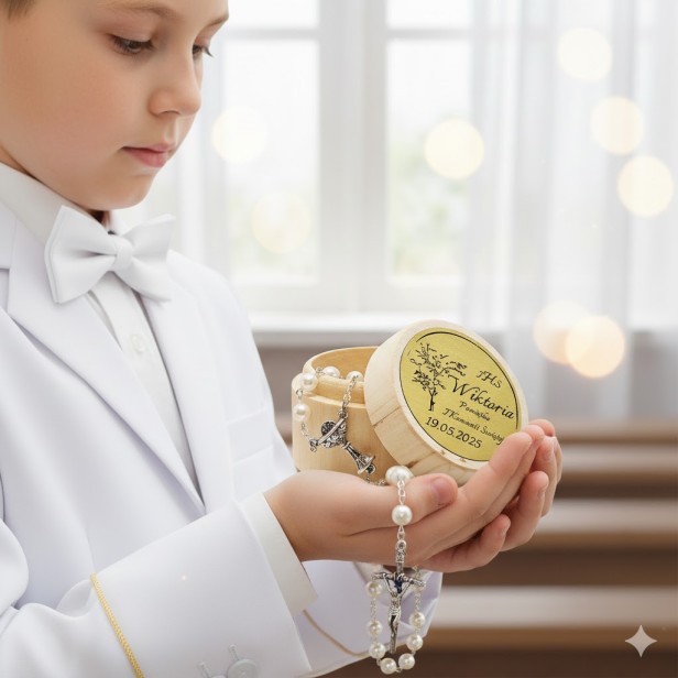 aranżacja komunijna  Różaniec perłowy z drewnianym pudełkiem z grawerem – Pamiątka I Komunii Świętej
