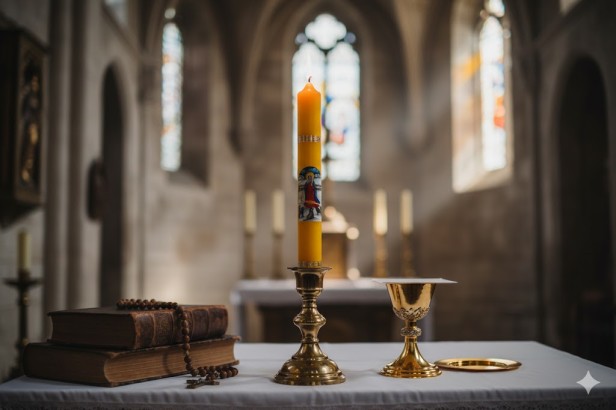 żółta Świeca gromnica Matka Boska Gromniczna – H: 28 cm Ø: 3 cm w aranżacji kościelnej