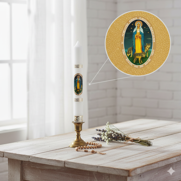 Gromnica parafinowa z wizerunkiem Matki Bożej Gromnicznej, wysokość 30 cm – klasyczna świeca liturgiczna do obrzędów kościelnych