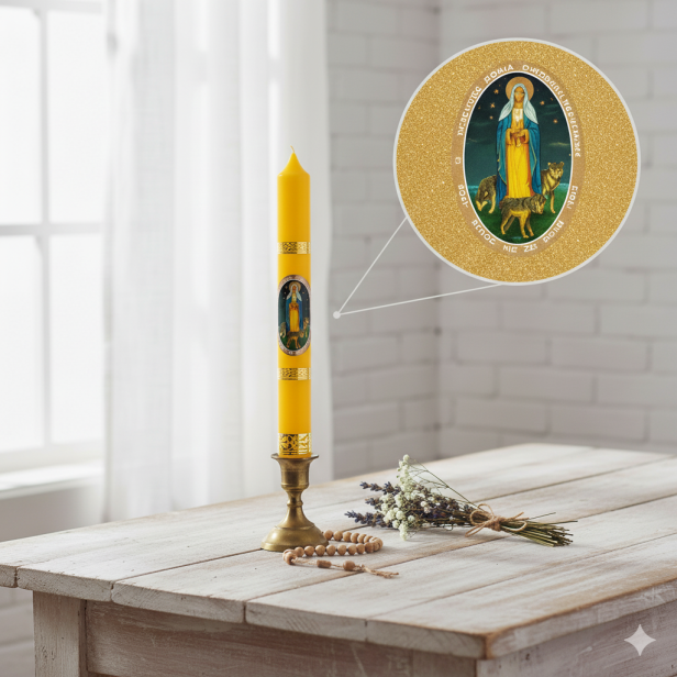 Gromnica parafinowa z wizerunkiem Matki Bożej Gromnicznej, wysokość 30 cm – klasyczna świeca liturgiczna do obrzędów kościelnych