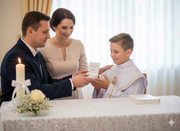 propozycja wręczenia prezentu Różaniec srebrny „Łezka” pr. 925 – elegancki różaniec z medalikiem Matki Bożej