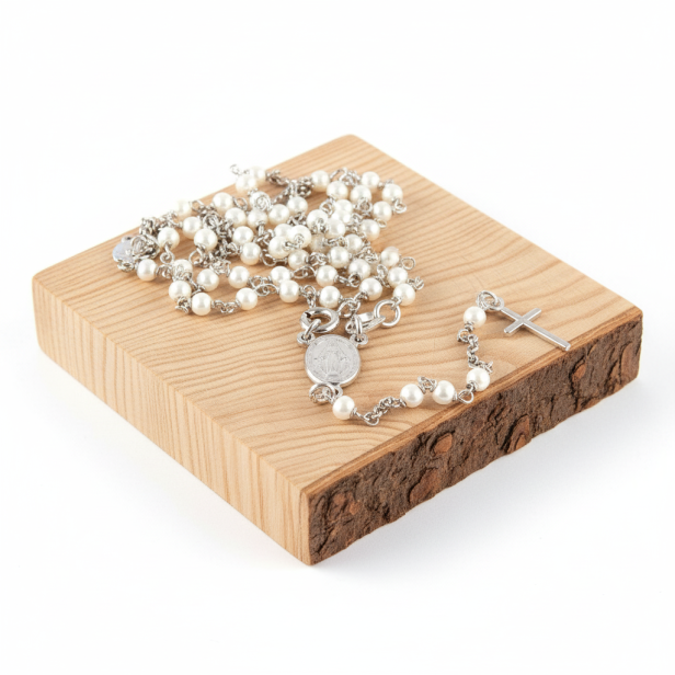 Różaniec srebrny – Biała Perła 3,2 mm pr. 925 – rozpinany, 55 cm