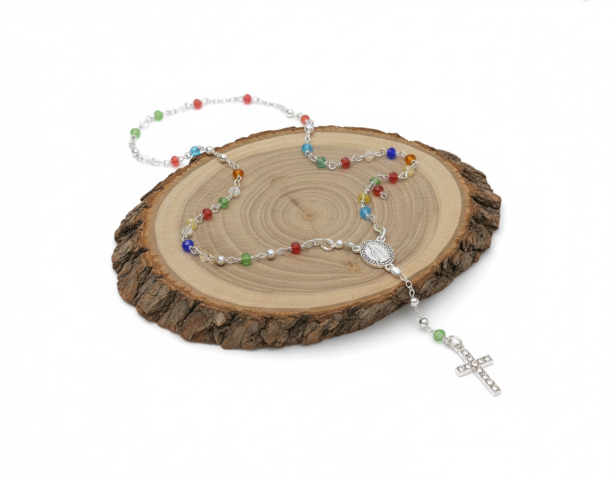 Różaniec srebrny MISYJNY pr. 925 – kolorowe paciorki, 7,5 g (rozpinany)