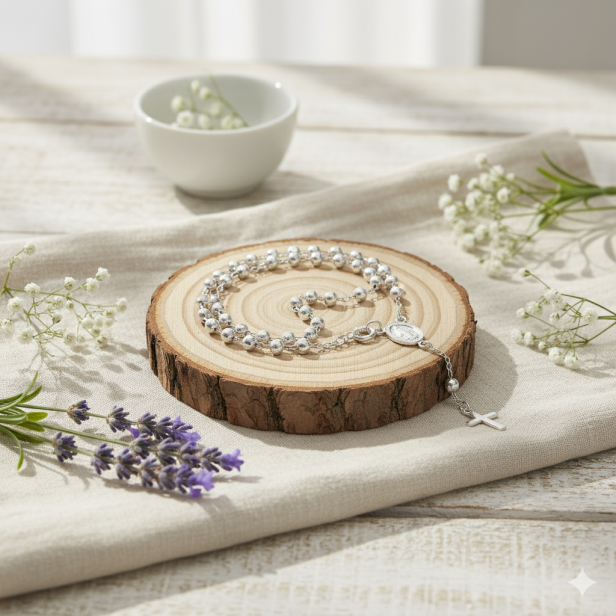 aranżacja Różaniec srebrny – 5 dziesiątek diamentowany pr. 925 – 50 cm