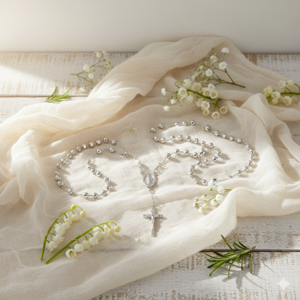 w aranżacji Różaniec srebrny – 5 dziesiątek diamentowany pr. 925 – 50 cm