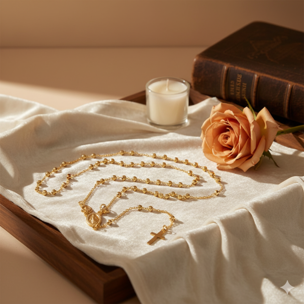 aranżacja  Różaniec srebrny, pozłacany – Cudowny Medalik pr. 925 – 45 cm