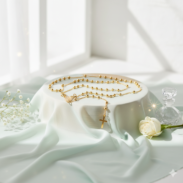 aranżacja jasna Różaniec srebrny, pozłacany – Cudowny Medalik pr. 925 – 45 cm