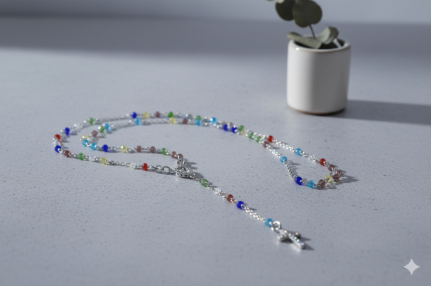 aranżacja minimalistyczna Różaniec srebrny MISYJNY pr. 925 – kolorowe paciorki, 7,5 g (rozpinany)