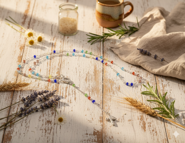 rustykalna aranżacja - Różaniec srebrny MISYJNY pr. 925 – kolorowe paciorki, 7,5 g (rozpinany)