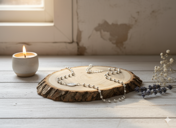 aranżacja Różaniec srebrny KORONKA – Cudowny Medalik pr. 925 – 6,0 g