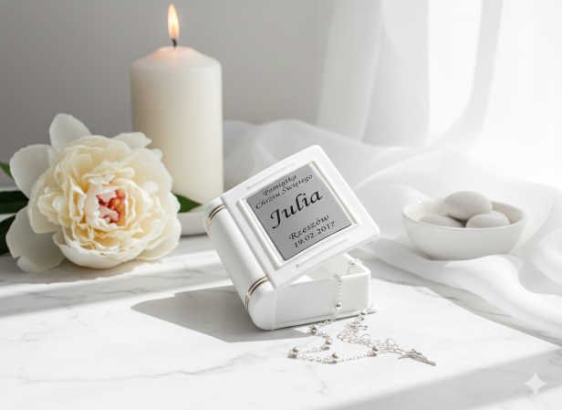 Biblia w drewnianym pudełku EKO z personalizacją – pamiątka Chrztu