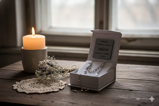 Różaniec srebrny – bransoletka na rękę Biała Perła z grawerem w pudełeczku pr. 925, 3 g aranżacja