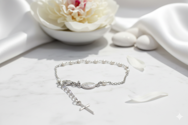 Różaniec srebrny – bransoletka na rękę Biała Perła pr. 925, 3 g w zesatwie